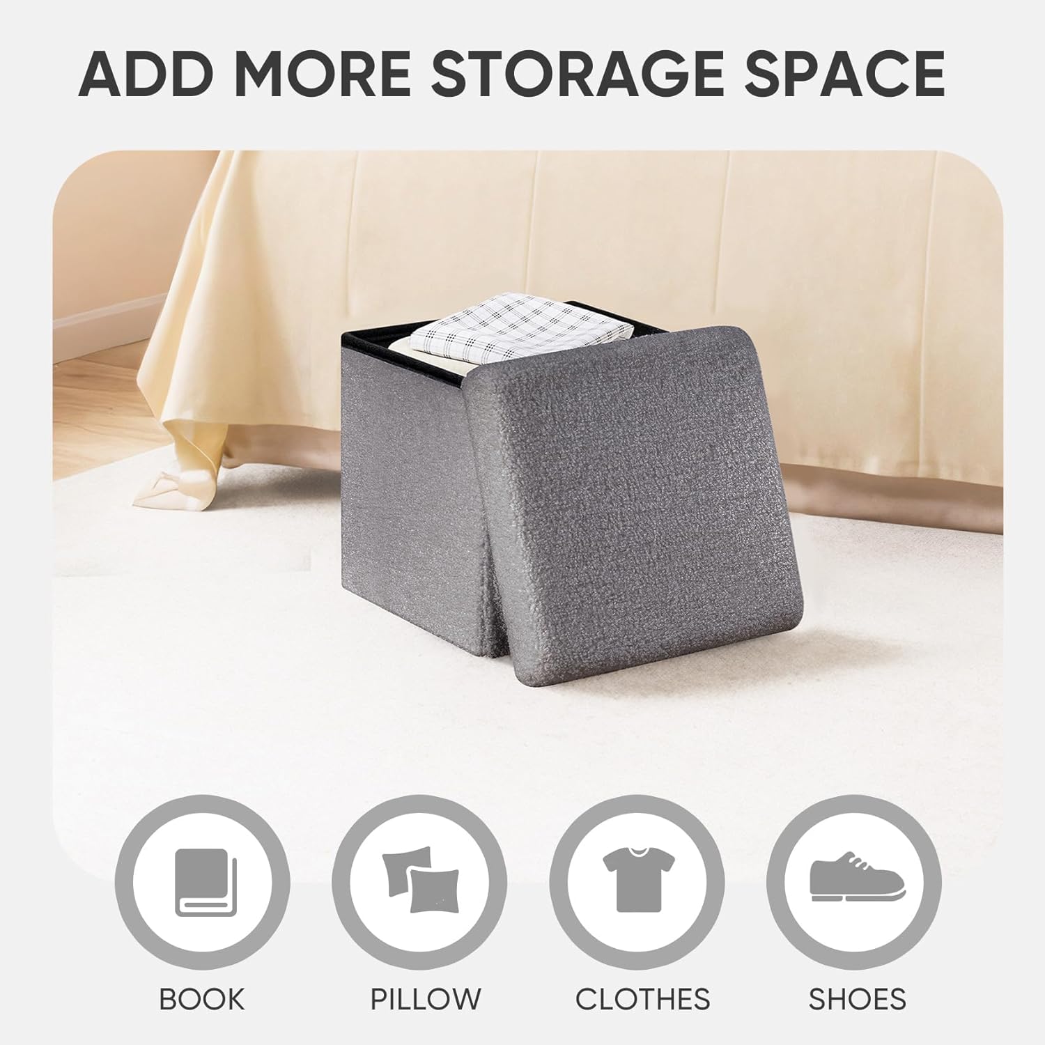 PINPLUS Storage Ottoman Cube Square Shaped Ottomans with Storage Foot Stool Footrest for Lving Room Boucle Ottoman Seat for Dorm Room,Faux Teddy Fur Grey,11.8"x11.8"x11.8" - Image 5