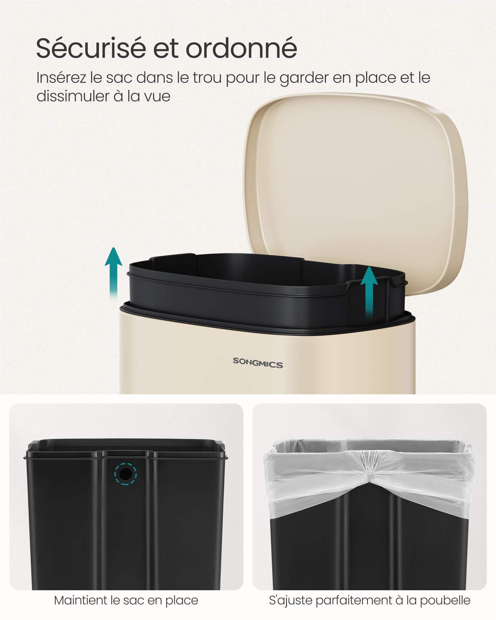 SONGMICS Poubelle Cuisine 50 L, Poubelle Bureau, Fermeture en Douceur, avec Pédale, en Acier, Seau Intérieur, Beige Sable LTB050A02