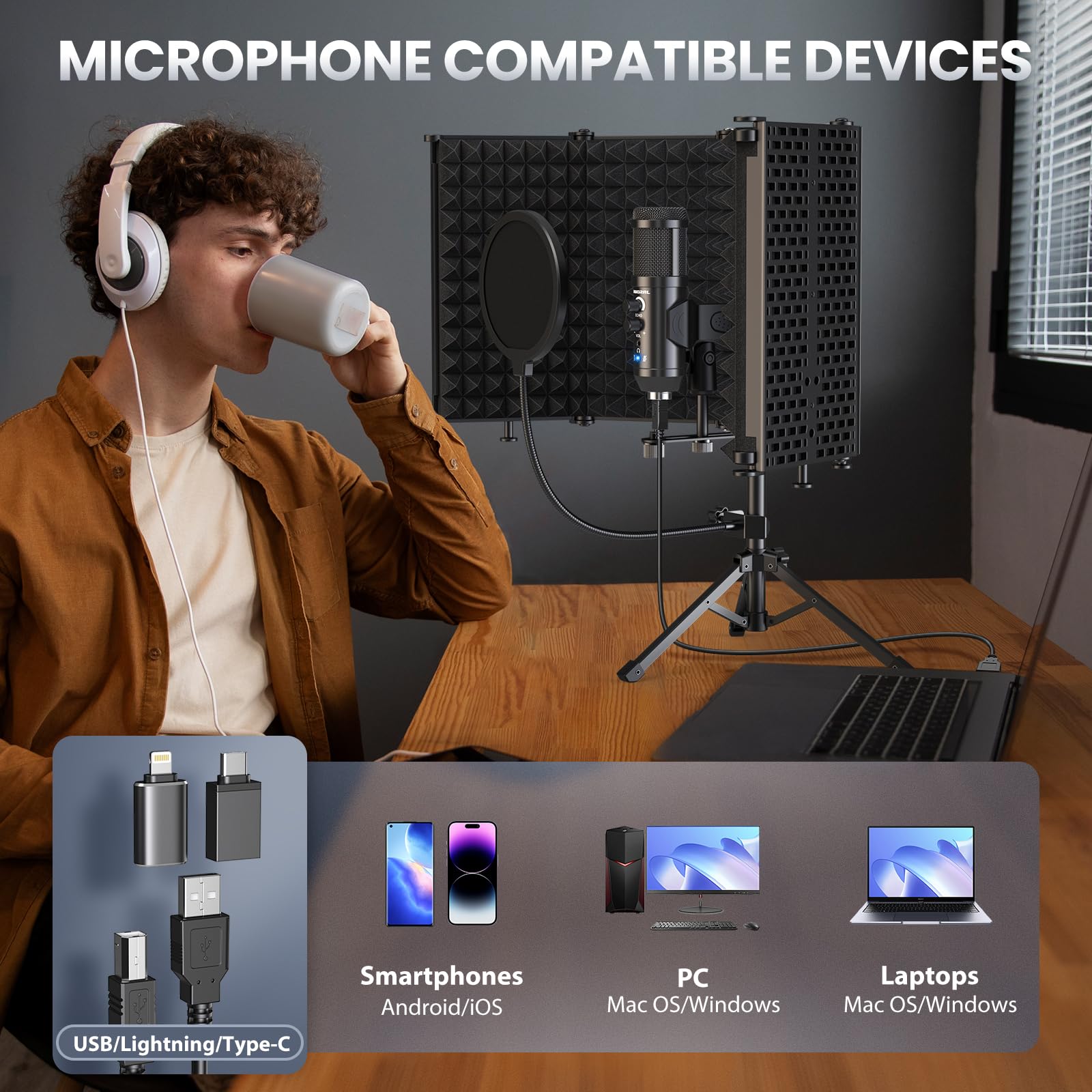 Studio Registrazione Microfono Isolamento Scudo con Pop Filtro & Treppiede Kit Studio Mic per Computer Portatile e Pc Attrezzature Vocale Condensatore Riworal