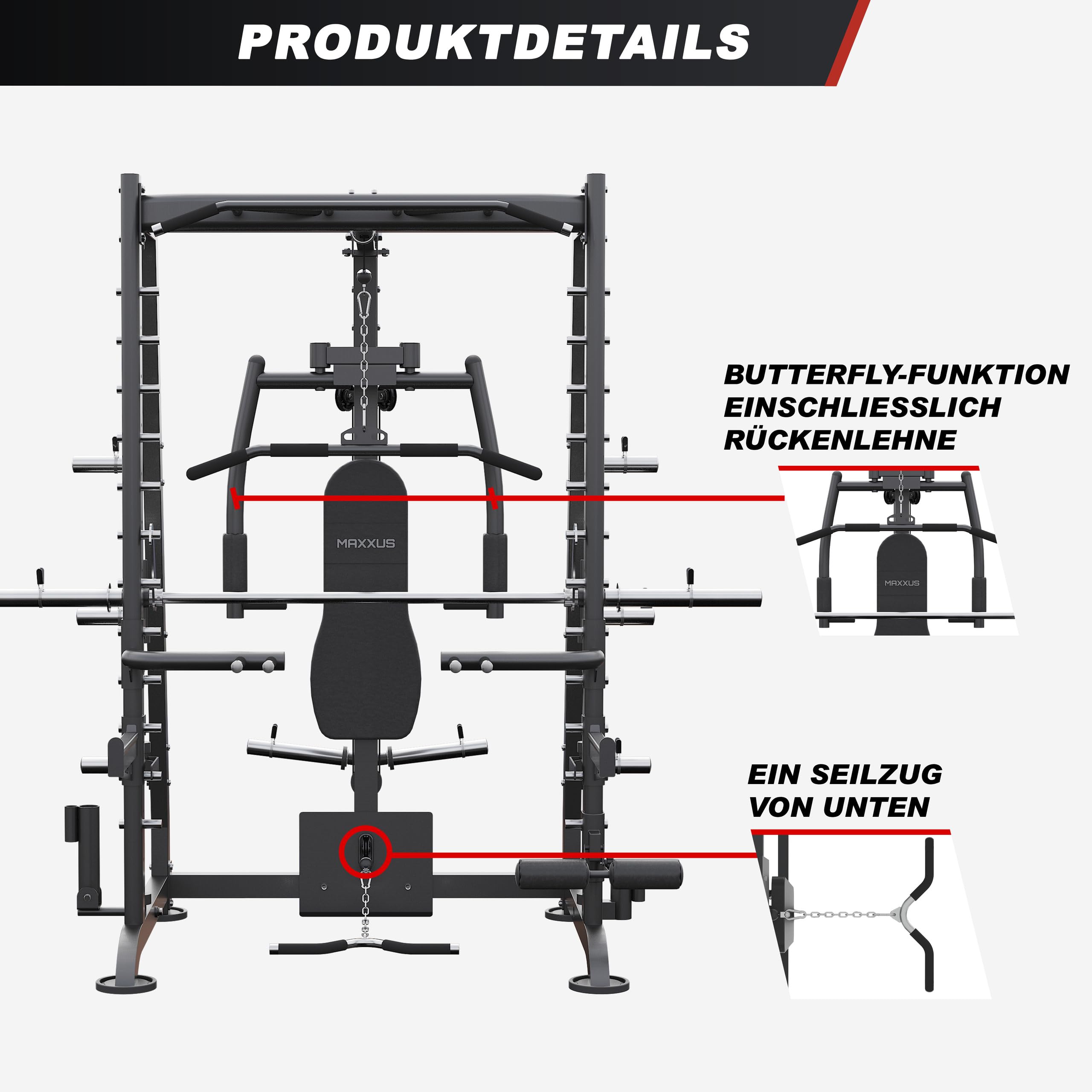 MAXXUS Kraftstation Multipresse 8.1 – Smith Machine mit Hantelbank, Butterfly, Kabelzug, Latzug, Klimmzugstation & Dip-Station, bis 250 kg für Zuhause