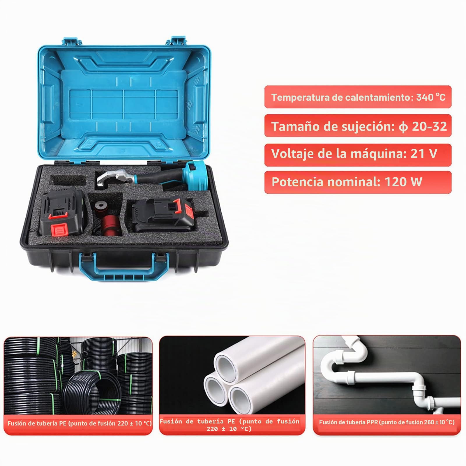 Máquina de soldadura de tuberías PPR PE PP, fundidor de tubos de agua inalámbrico de mano (340℃) con pieza de mano aislante antiescaldadura, batería de 21V 4Ah - Adecuado para tuberías de 20, 25, 32