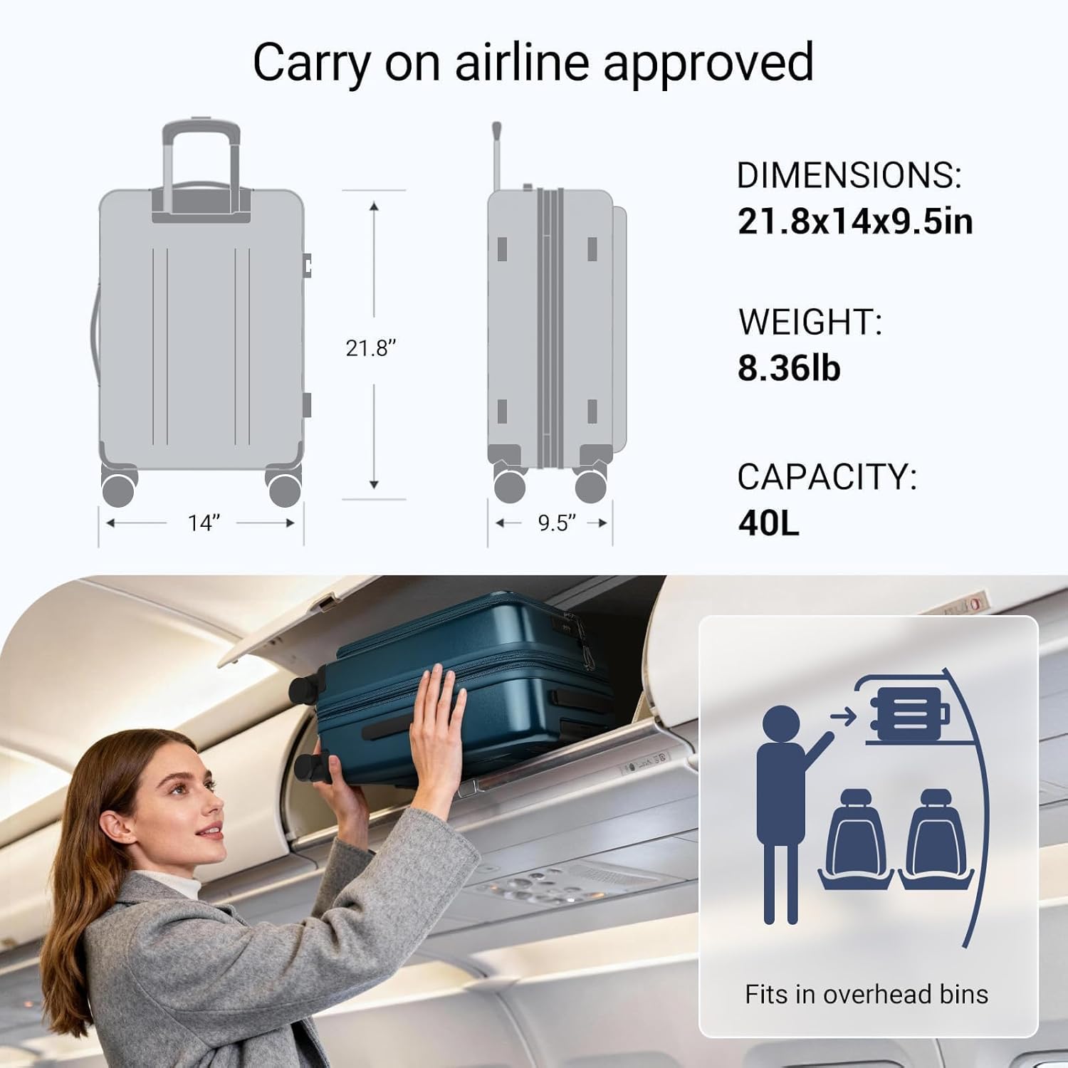 Carry On Luggage with Top Opening, Expandable with Front Pocket and USB Charging Port, Lightweight with front compartment Rolling Suitcases with Spinner Wheels (Navy, 20 Inch)