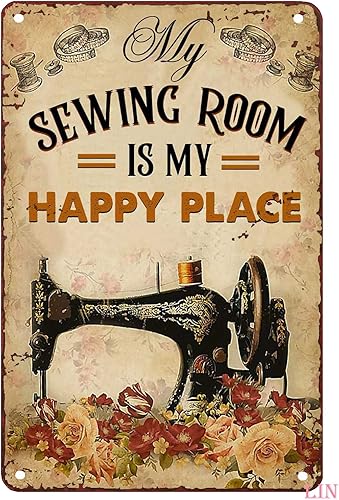 Letreros de costura vintage para habitación de costura, póster de costura con texto en inglés Is My Happy Place, letreros divertidos vintage,