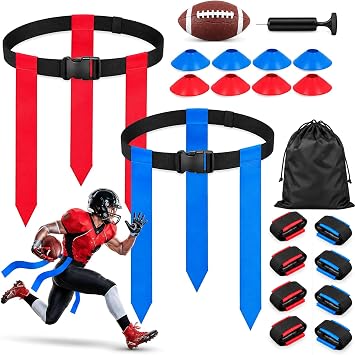 Flag Football Set for 8 Players with 24 Flags, Adjustable Flag Football Belts, 8 Training Cones, Size 3 Ball, Pump and Bag, Youth Kids Adults Outdoor Flag Football Game