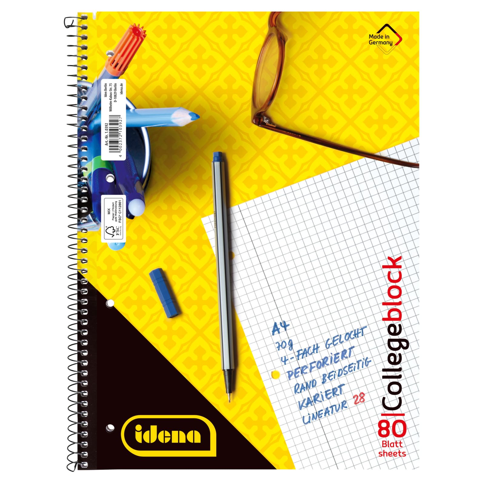 Idena 10392 - Collegeblock, DIN A4, 80 Blatt, 70 g/m², kariert, gelocht