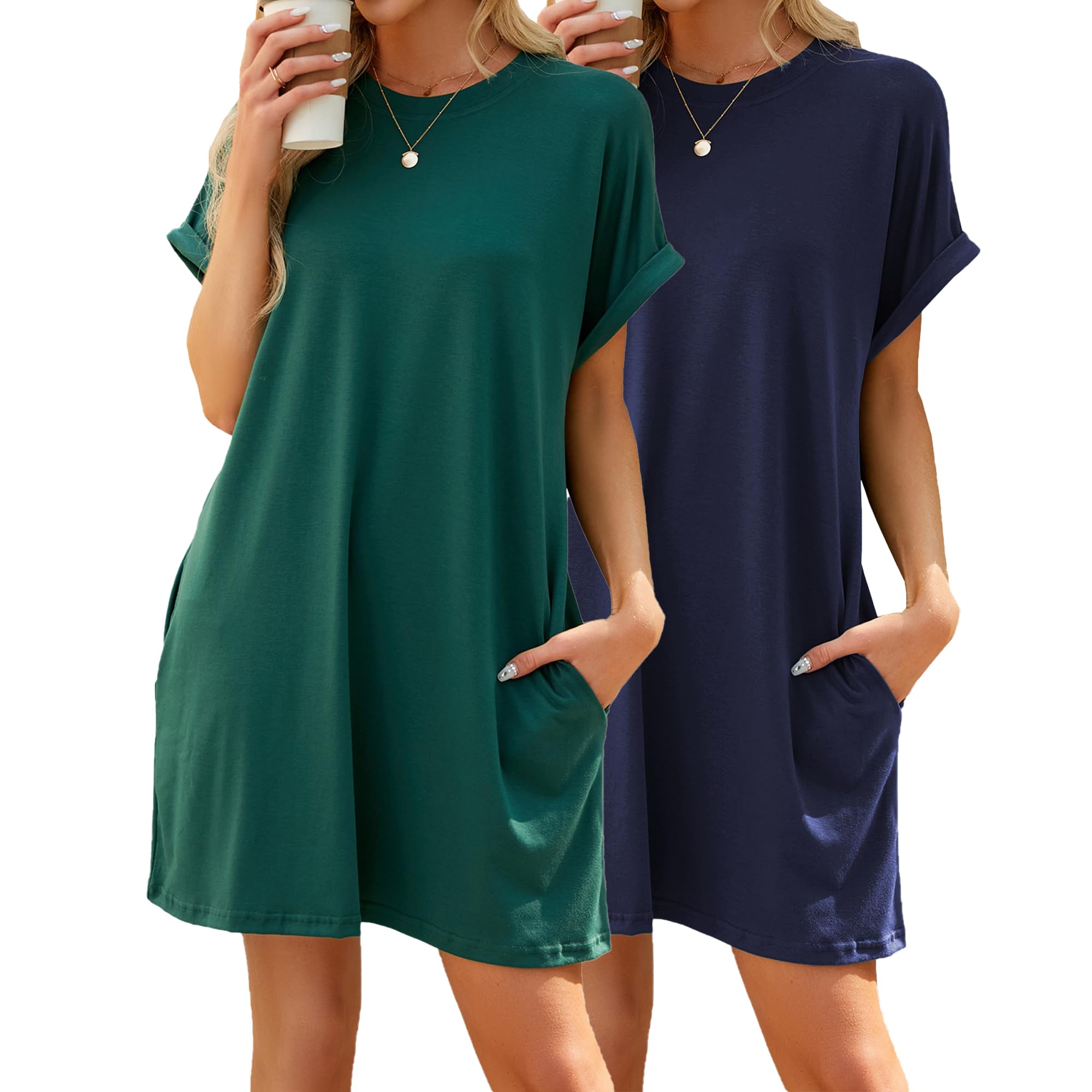Women's Summer 2 Pack Casual Short Sleeve T-Shirt Dress Solid Color Round Neck Loose with Pockets Dresses