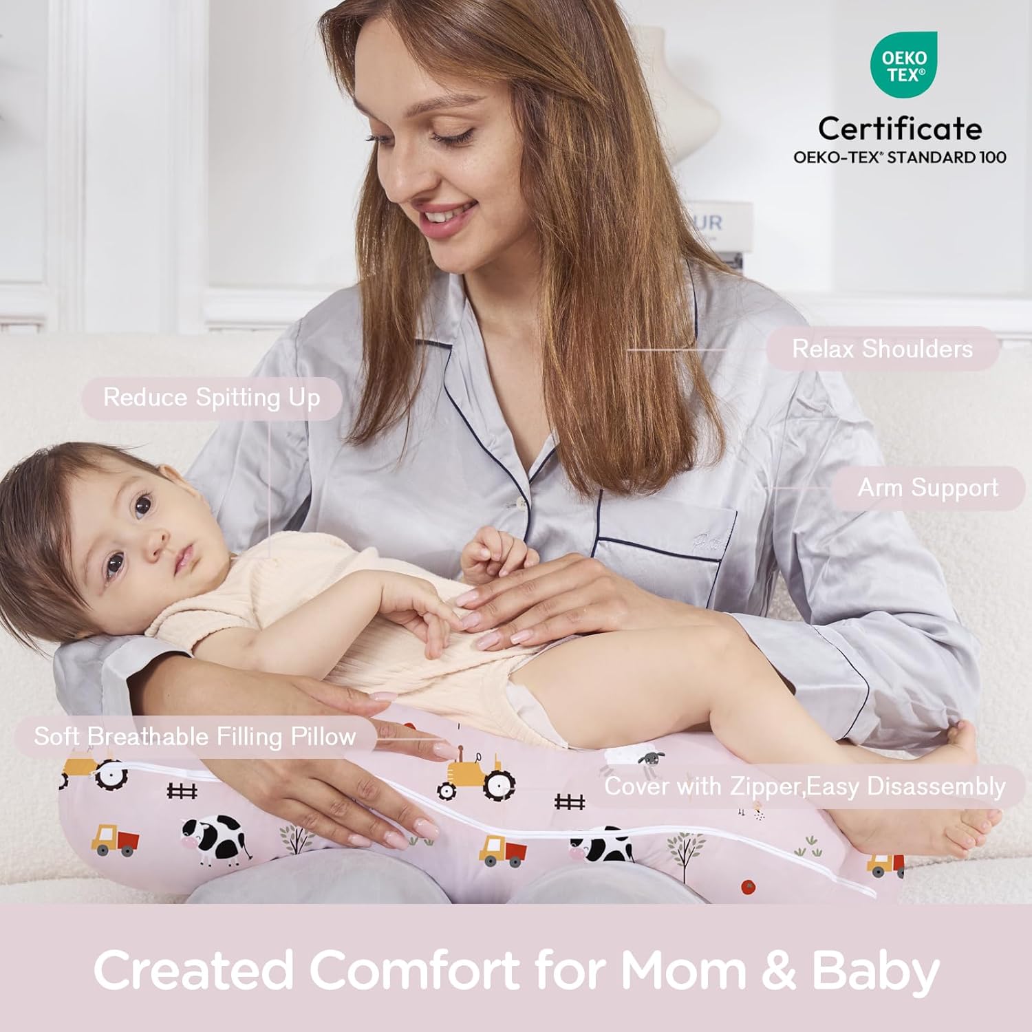 Little Grape Land Nursing Pillow for Breastfeeding, Breathable Breast Feeding Pillow and Positioner with Removable Cover for More Support, Tummy Time and Bottle Feeding Support Pillow, Pink Ranch - Image 3