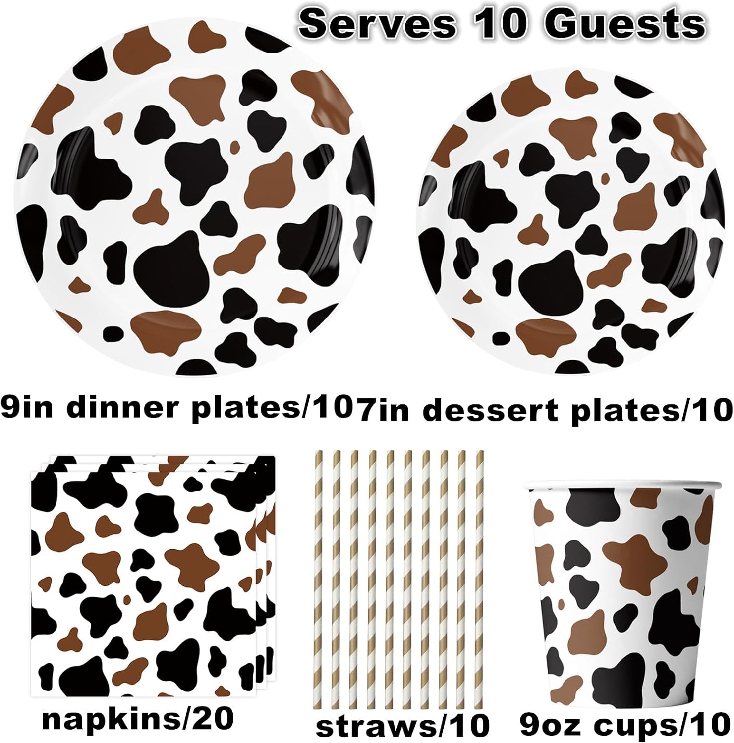 Cow Print Party Supplies, Cow Print Party Tableware Complete Pack Include Black Brown Cow Plates, Napkins, Cups Straws for Cow Birthday Baby Shower Farm Animal Party Decorations - Image 2