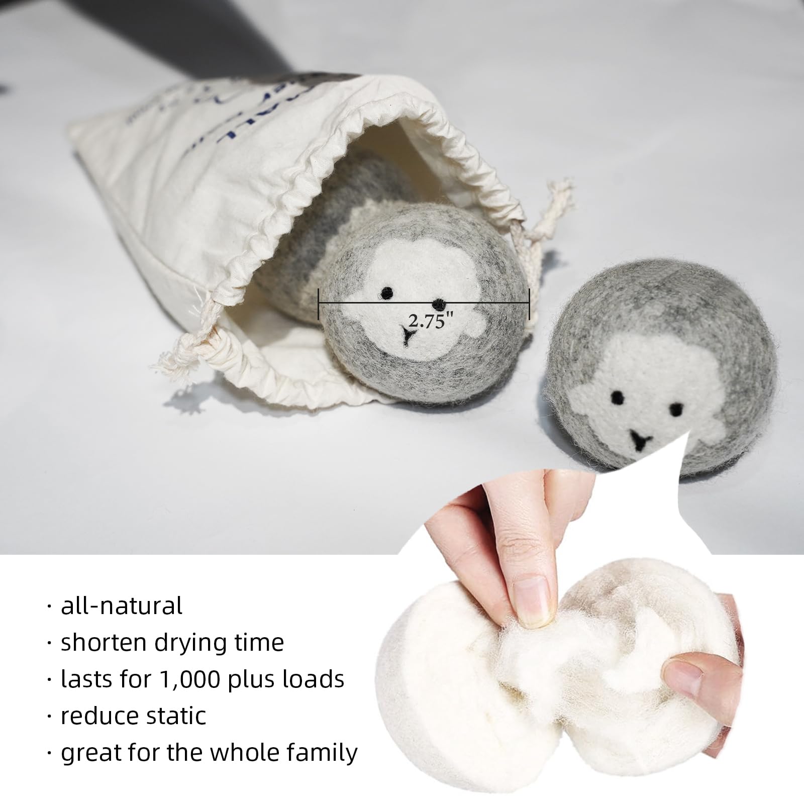 Bolas secadoras de lana hechas a mano, paquete de 6 unidades, XL, bolas de lana orgánica reutilizables para ropa sucia, 1000 % cargas, suavizante de tela de lana de Nueva Zelanda 100% natural,