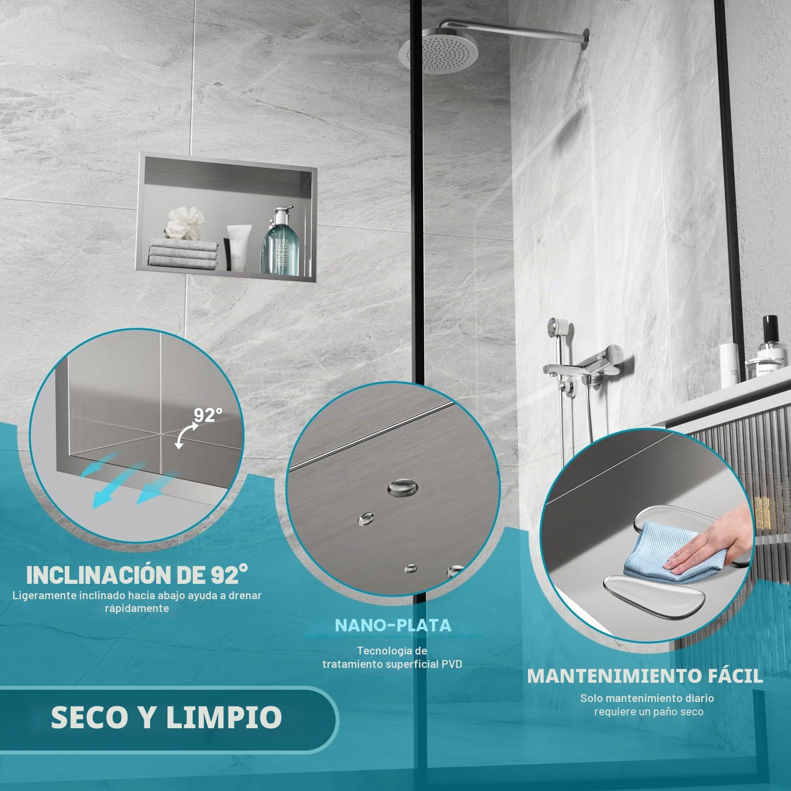 Nicho de pared para ducha de acero inoxidable, 45 x 30 x 10 cm, estante individual de almacenamiento, no necesita azulejos, para baño, nano plata