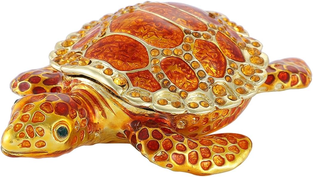 Hand Painted Orange Turtle Style Enamel Trinket Box Hinged, Elegant Jewelry Box to Store Your Ring or Earring in Style