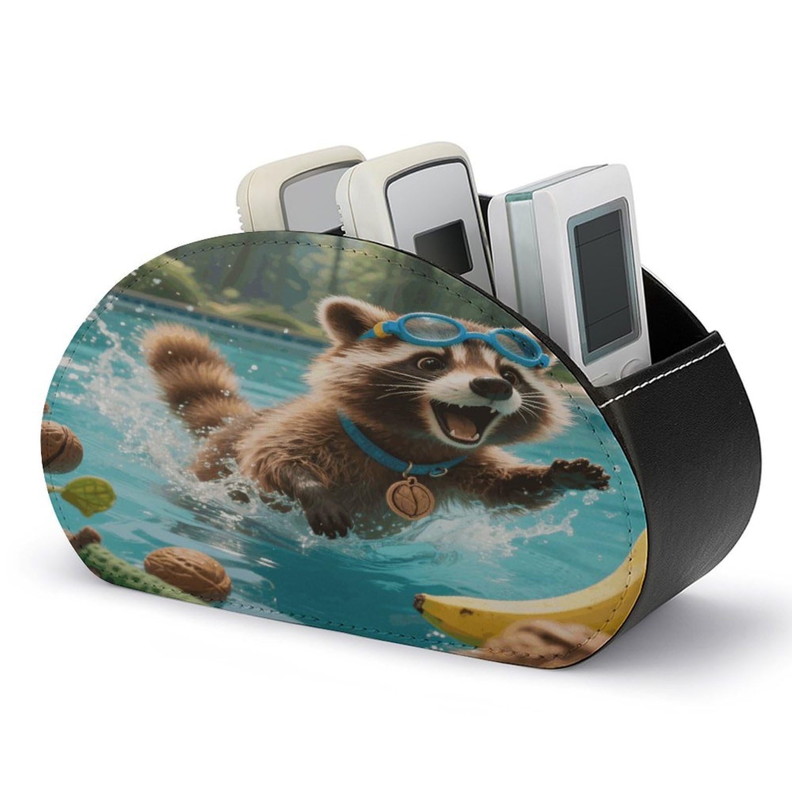 VstaDank Raccoon Pool Dash Remote Control Holder PU Leather Multi-Functional Office Organizar Box Makeup Brush Holder Desk Storage with 5 Compartment TV Remote Media Player Box
