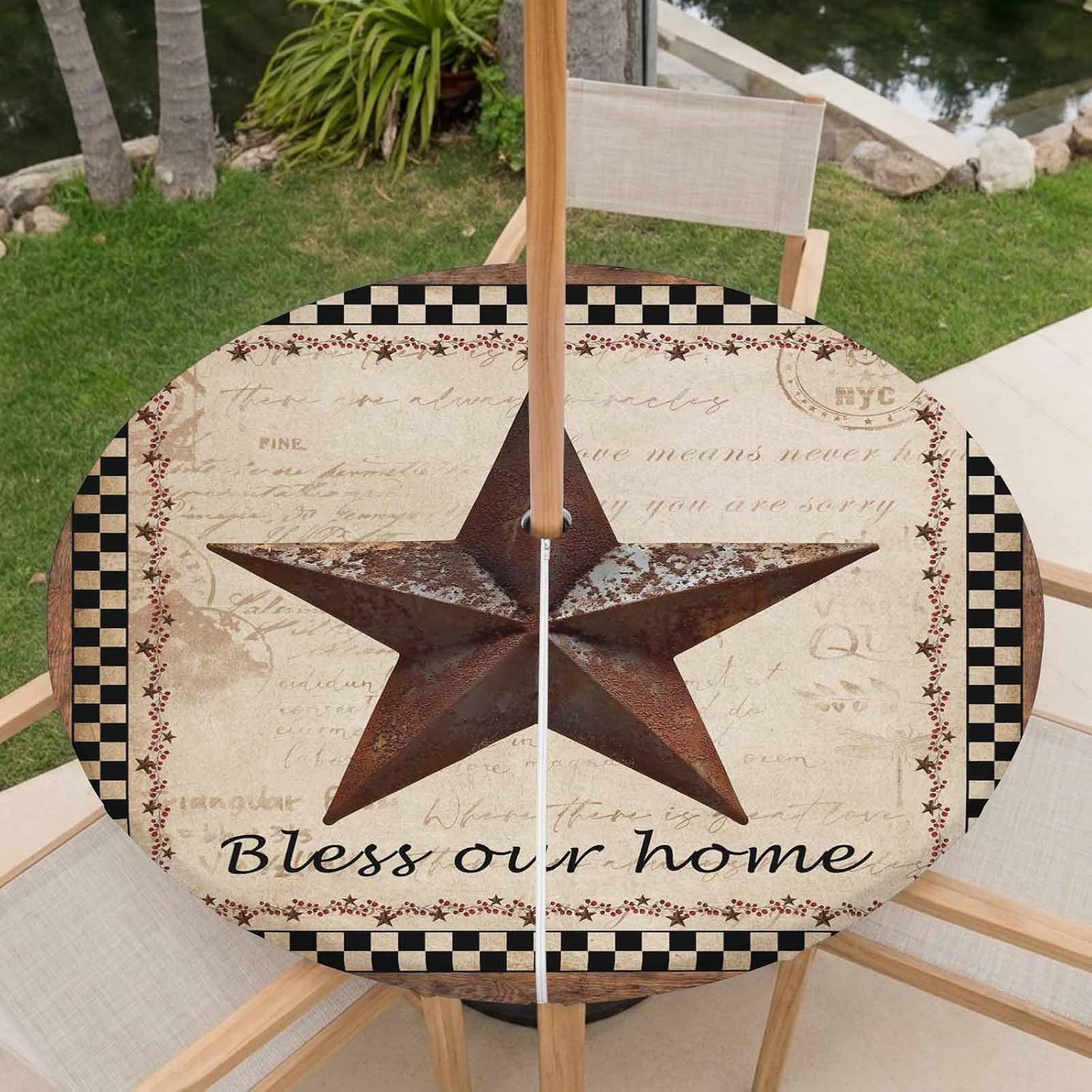 Western Star Brown Waterproof Outdoor Tablecloth with Umbrella Hole and Zipper,Round Fitted Table Covers with Elastic,Texas Stars Retro Farmhouse Buffalo Plaid Patio Table Cloth Fits 45"-54" Tables