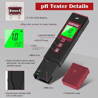Digital pH Meter High Accuracy Portable Water Tester with Calibration Powders Color LCD Backlit Display with pH Test Strip Function for Lab Pools Hydroponics Aquariums Hot Tubs Drinking Water