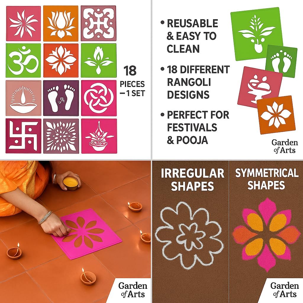 12 Different Design Draw Rangoli Making Kit Rangoli Stamp Om Swastik Flower Design Colourful Rangoli Making Stencils & 6 Border Stencils Total 18 Pieces