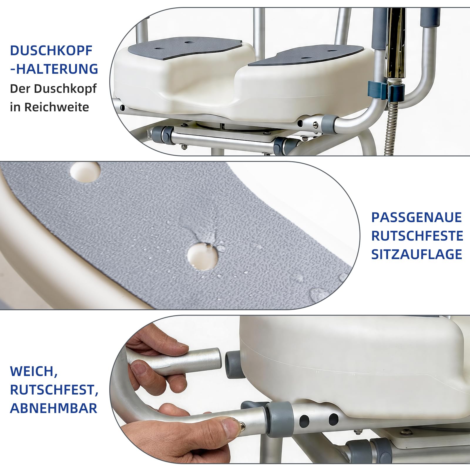EasyVibe Duschstuhl 360° Drehbar für Senioren, 52cm Breiter Duschhocker mit 3D U-Ausschnitt, 1,25mm Aluminiumrahmen, Gepolsterte Armlehnen, Belastbar bis 150kg