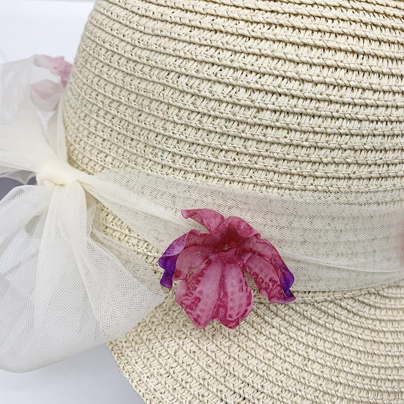 Sombrero de Verano para Mujer,con Protección UV,ala Ancha de Paja y Lazo de Tul Floral,Transpirable,para Playa,para Exteriores,Vacaciones y Viajes
