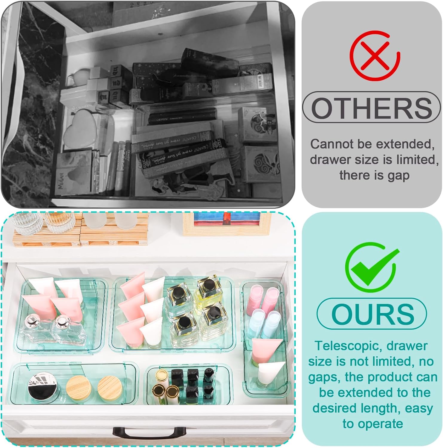 15 Pcs Extendable Clear Drawer Organizer, All Adjustable Vanity Storage Box, 2-Size Desk Drawer Organizer, Acrylic Storage Bins for Makeup, Bedroom Dressers Tool Organizer for Gadgets, Blue