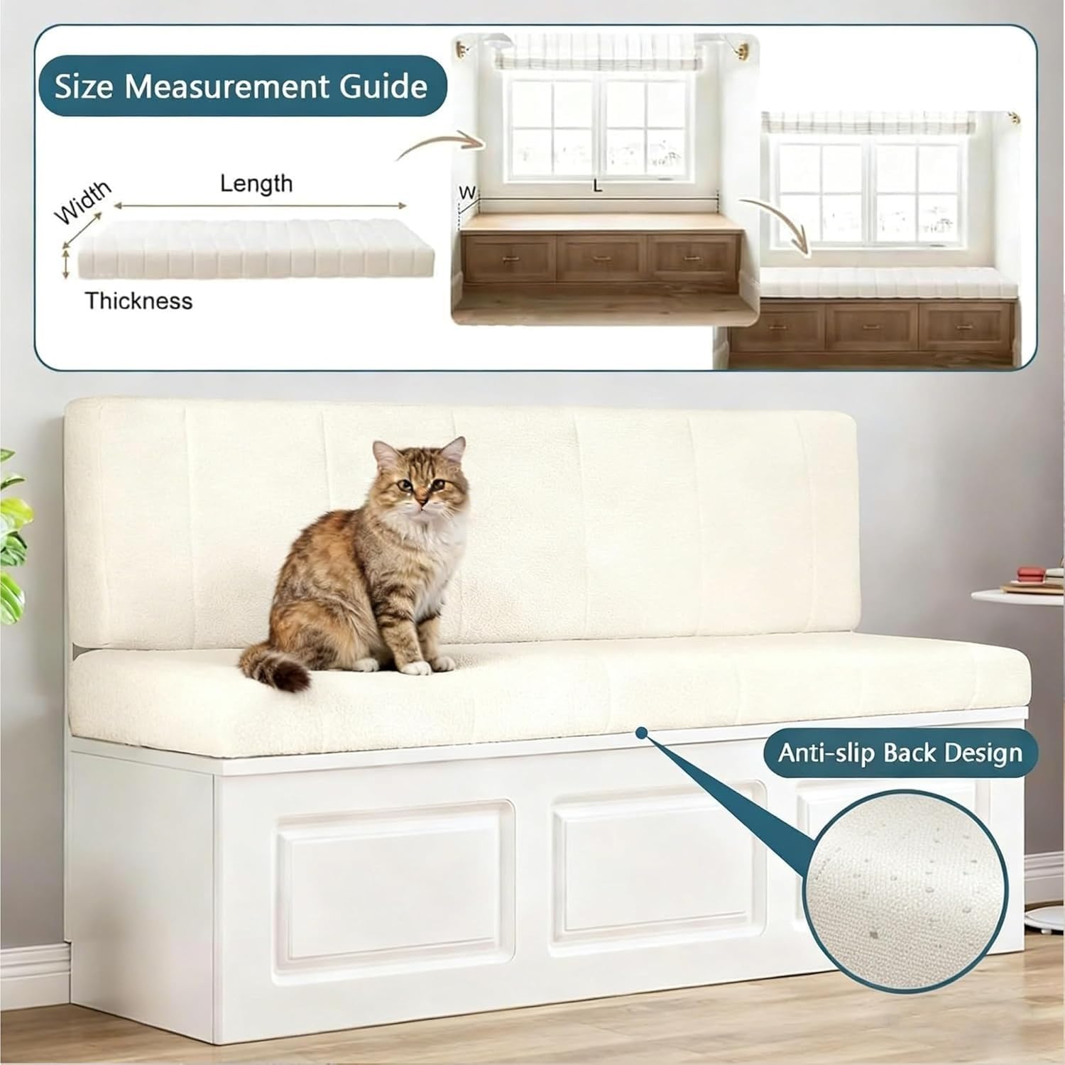 Bankkissen Bankauflage Indoor Waschbar, Chenille rutschfeste Sitzkissen Bank Mit Reißverschluss, Sitzpolster Für Fensterbank Innen Schuhwechselhocker Eckbank Balkon,5cm Dicke(Beige,170x55x5cm)