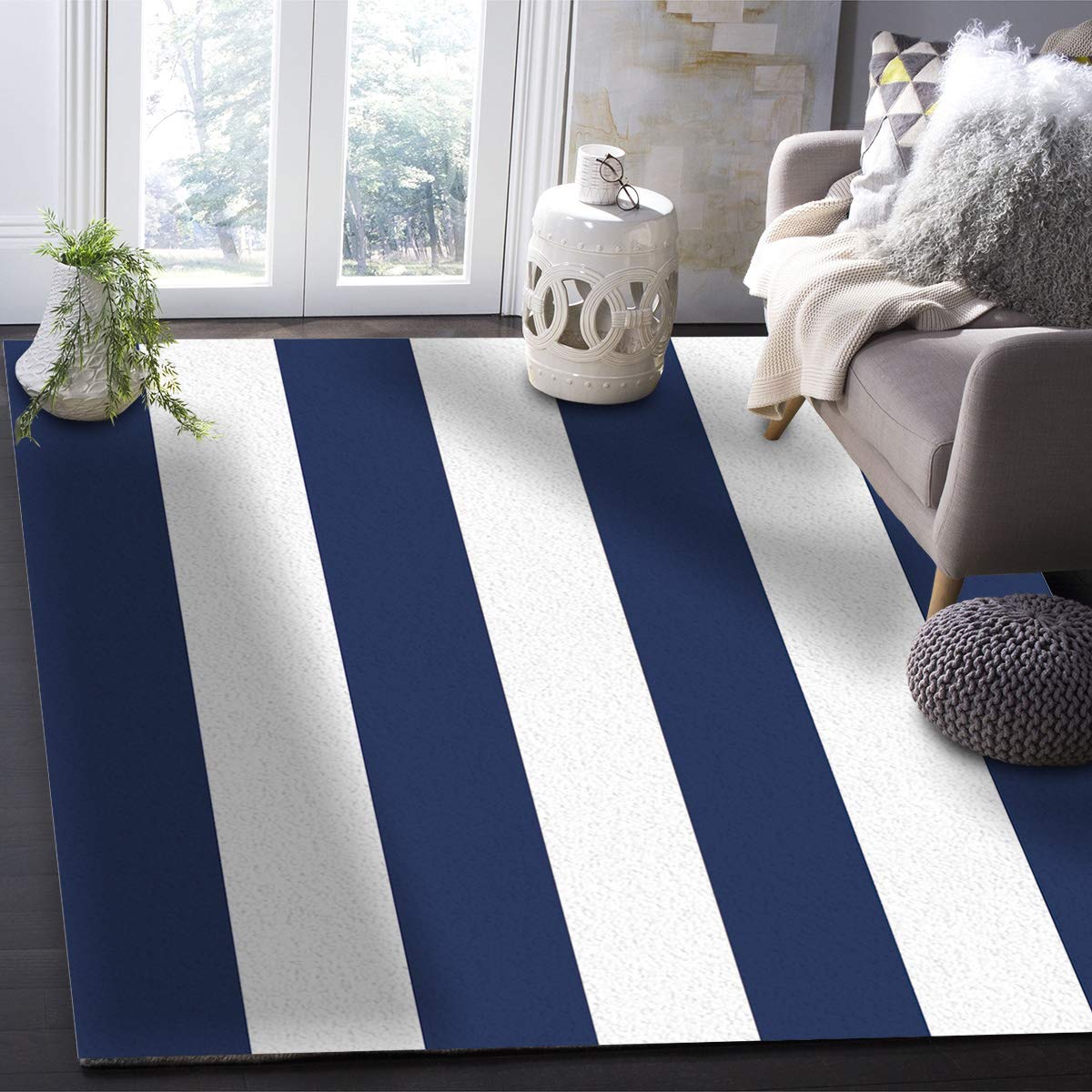Amazon | Keakeeyyer ラグ 青と白 シンプル 縞 ラグマット 91×152cm