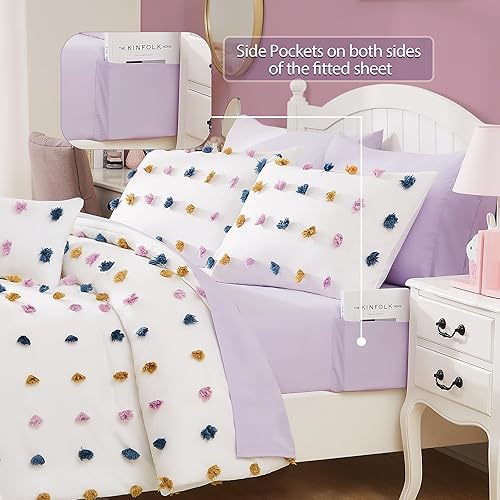 Miniatura 52 de Geniospin Juego de edredón rosa Queen para niñas, 7 piezas con pompones en una bolsa, juegos de ropa de cama individual con sábanas, fundas