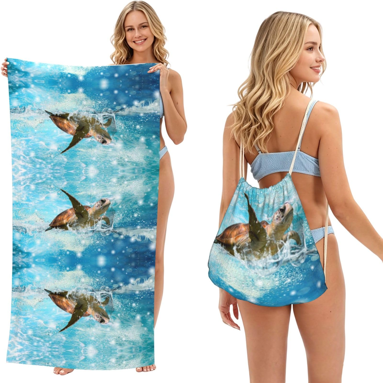 SATUSA Sea Turtle Print 2-In-1 Foldable Beach Towel Backpack â€“ Camping, Yoga And Travel,Bath Towel With Built-In Storage, Convertible Beach Mat & Carry Bag