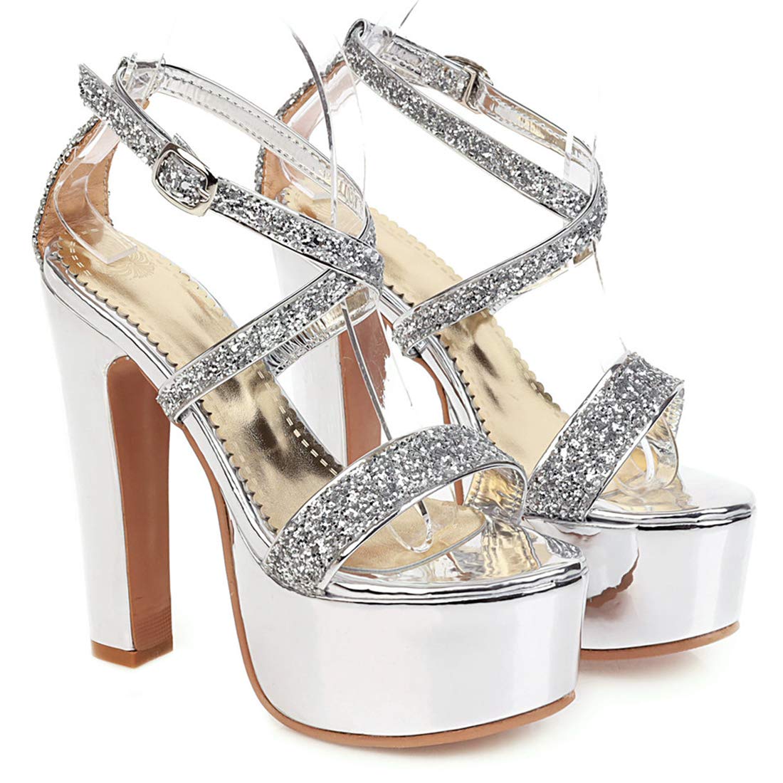 Etebella Damen Glitzer Riemchen Sandalen Plateau Blockabsatz High Heels Sandaletten Elegante Hochzeit Braut Schuhe