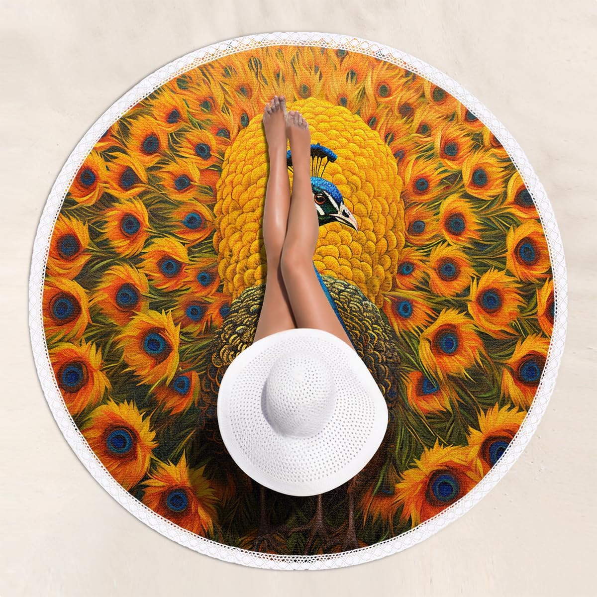 Peacock Sunflower Bright Round Beach Towel, 60" x 60" Oversized Absorbent Quick Drying Soft Sand Free Tapestry, Yoga Towels Blanket Picnic Mat for Bathroom Pool Surf Travel Outdoor Meditation