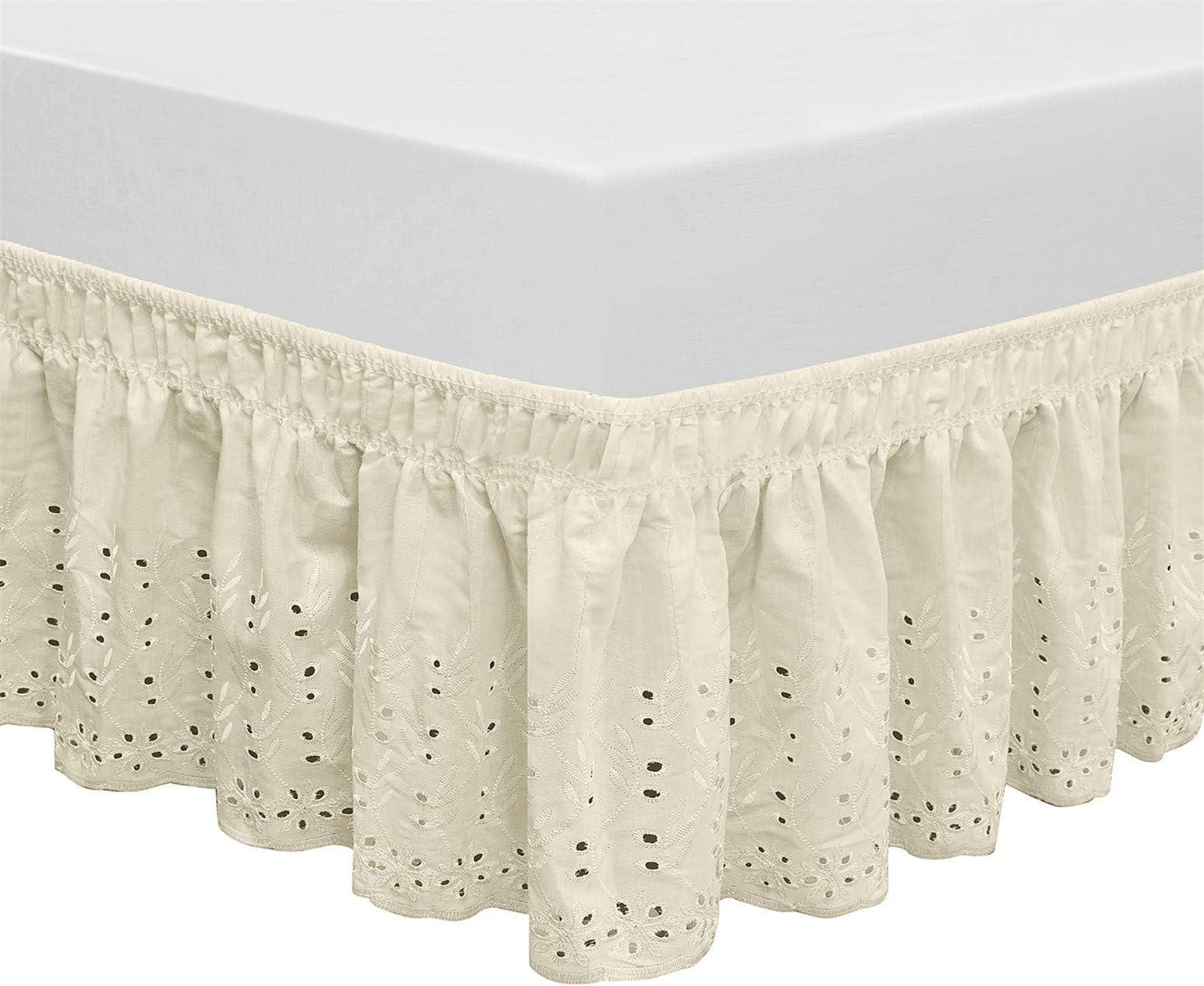 Wrap Around Elastic Eyelet Bed Skirt Dust Ruffle (Ivory, Twin/Full-18 Inch Drop)