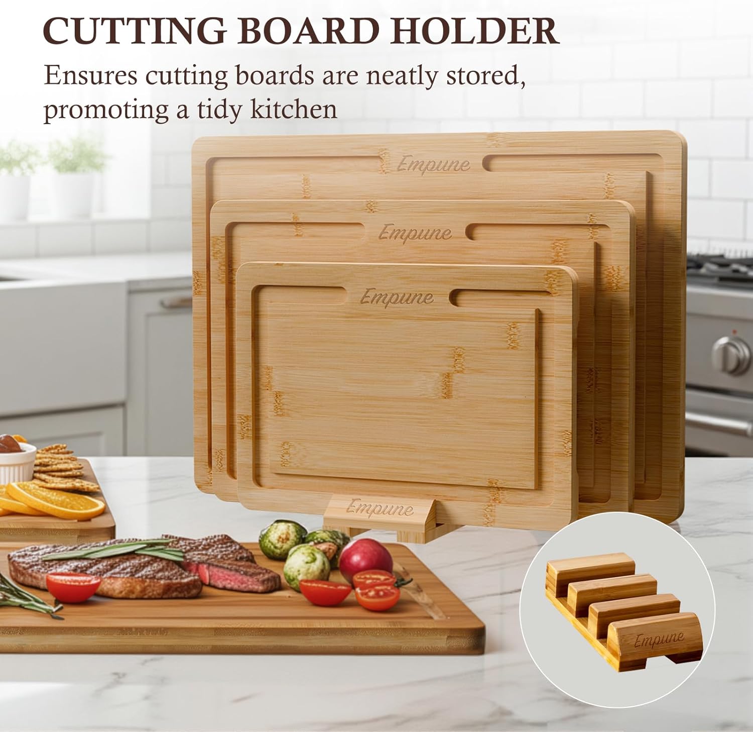 Empune Bamboo Cutting Board Set, Wood Cutting Boards for Kitchen with Holder Wooden Chopping Board for Meal Prep & Serving, Natural Bamboo