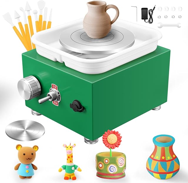 PaNt Mini Pottery Wheel 2000RPM Electric Pottery Wheel with Removable ABS Basin and 6.5cm-10cm Turntable Fingertip Clay Wheel Adjustable Speed Clay Tool Machine for Art Craft Gift (Green)
