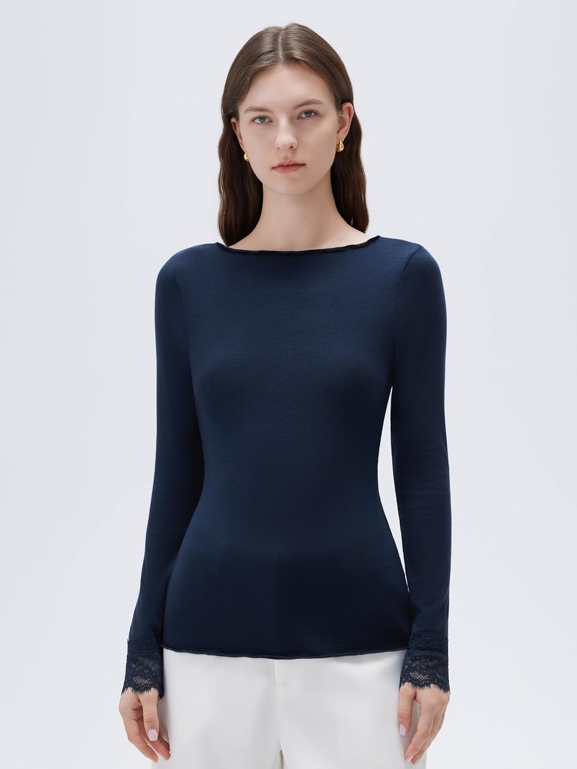 SUUKSESS Cloud Cashmere Women Basic Tops V Neck Boat Neck Lace Long Sleeve Shirt - Image 4