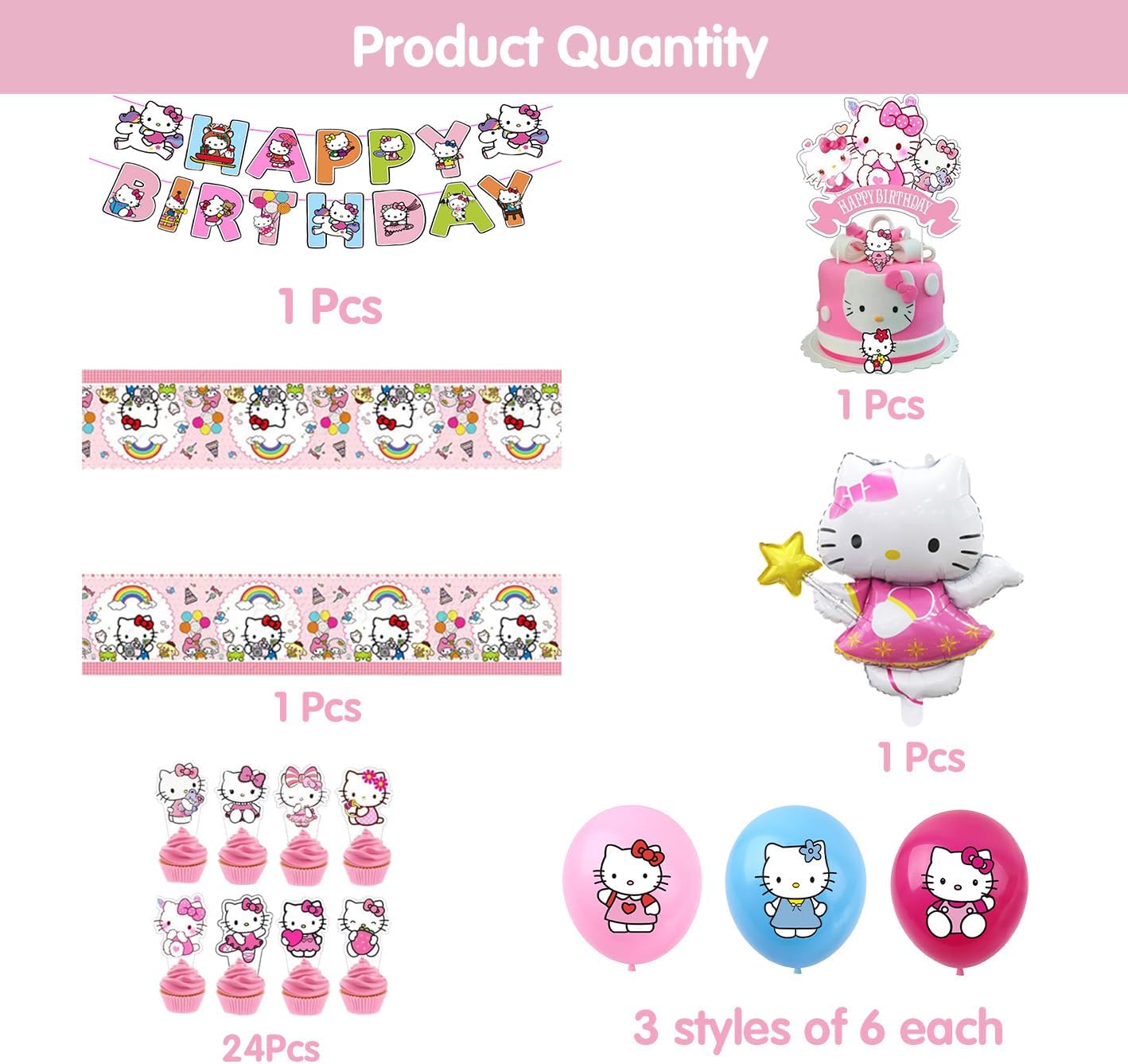 Cute Cat Birthday Decorations, Pink Party Supplies Include Happy Birthday Banner, Balloons, Cake Toppers, Tablecloth, Party Decor for Girls - Image 2