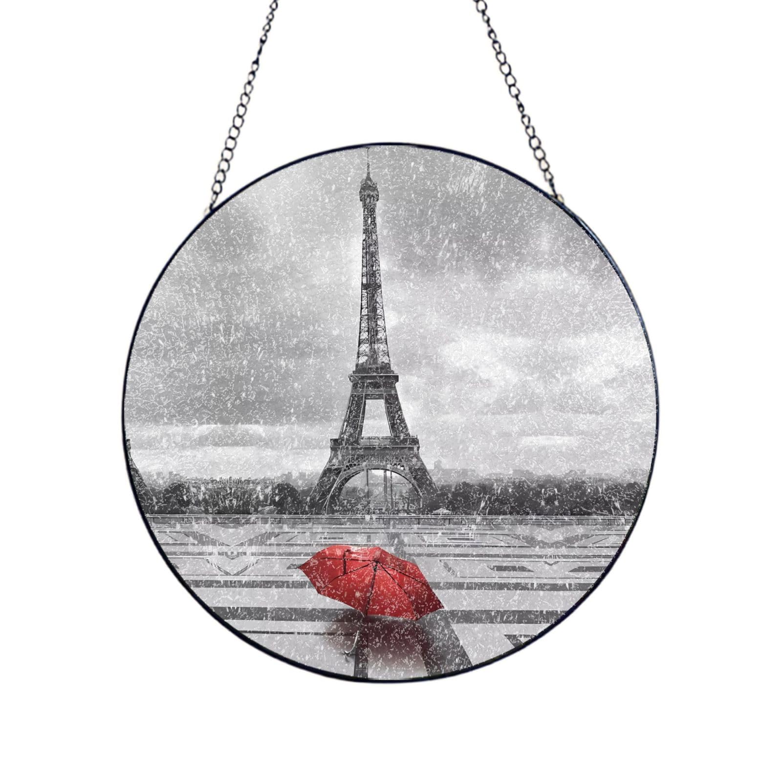 Phayah Eiffel Tower With Red Umbrella Print Glass Window Hanging Round Suncatcher Glass Ornament Garden Wall Fence Decorations Indoor Outdoor 10in（25cm）