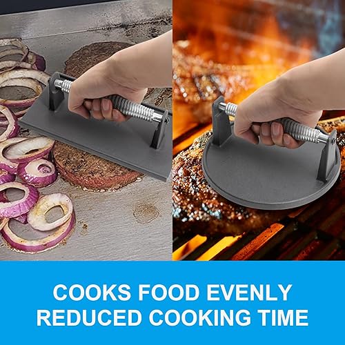 Miniatura 4 de SafBbcue Prensa de hamburguesa de hierro fundido, redonda de 7 pulgadas y 8.2 x 4.3 pulgadas, rectangular de hierro fundido resistente con mango de