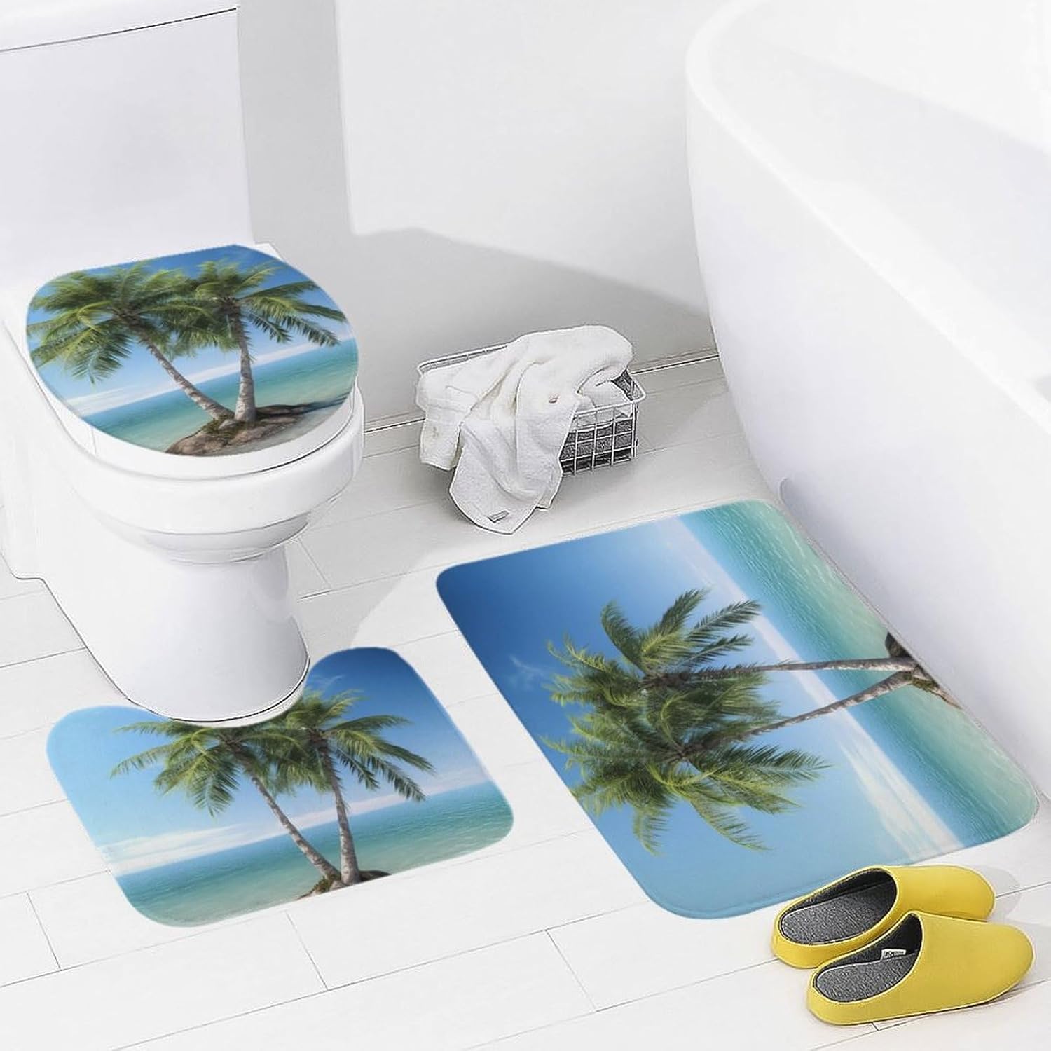 Anti-Skid Floor Mats 3 Piece Set,Sea Palm Trees Printed Coral Fleece Bathroom Mats U-Shaped Contour Mat Toilet Seat Cover for Bathroom, Tub, Shower, Kitchen 19.7"x31.5"