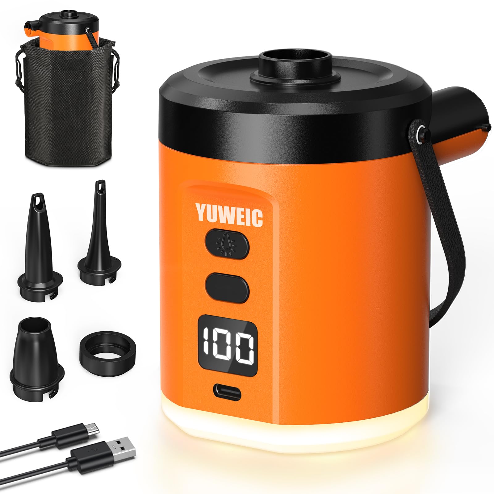 Elektrische Luftpumpe mit 5000-mAh-Akku, tragbare Luftpumpe mit 3 Düsen, inklusive Campinglampe, elektrische Luftpumpe, geeignet für Strand, Camping und Outdoor-Veranstaltungen
