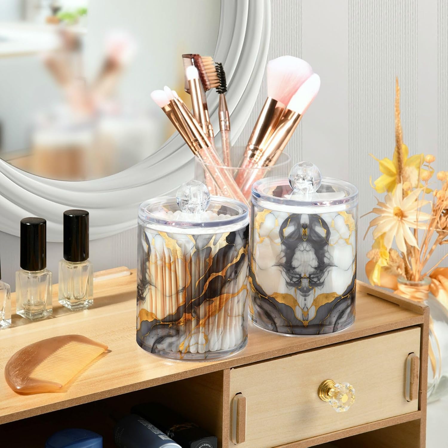 MNSRUU 4 Pack Qtip Holder Organizer Dispenser Marble Gold Pink Bathroom Storage Canister Cotton Ball Holder Bathroom Containers for Cotton Swabs/Pads/Floss
