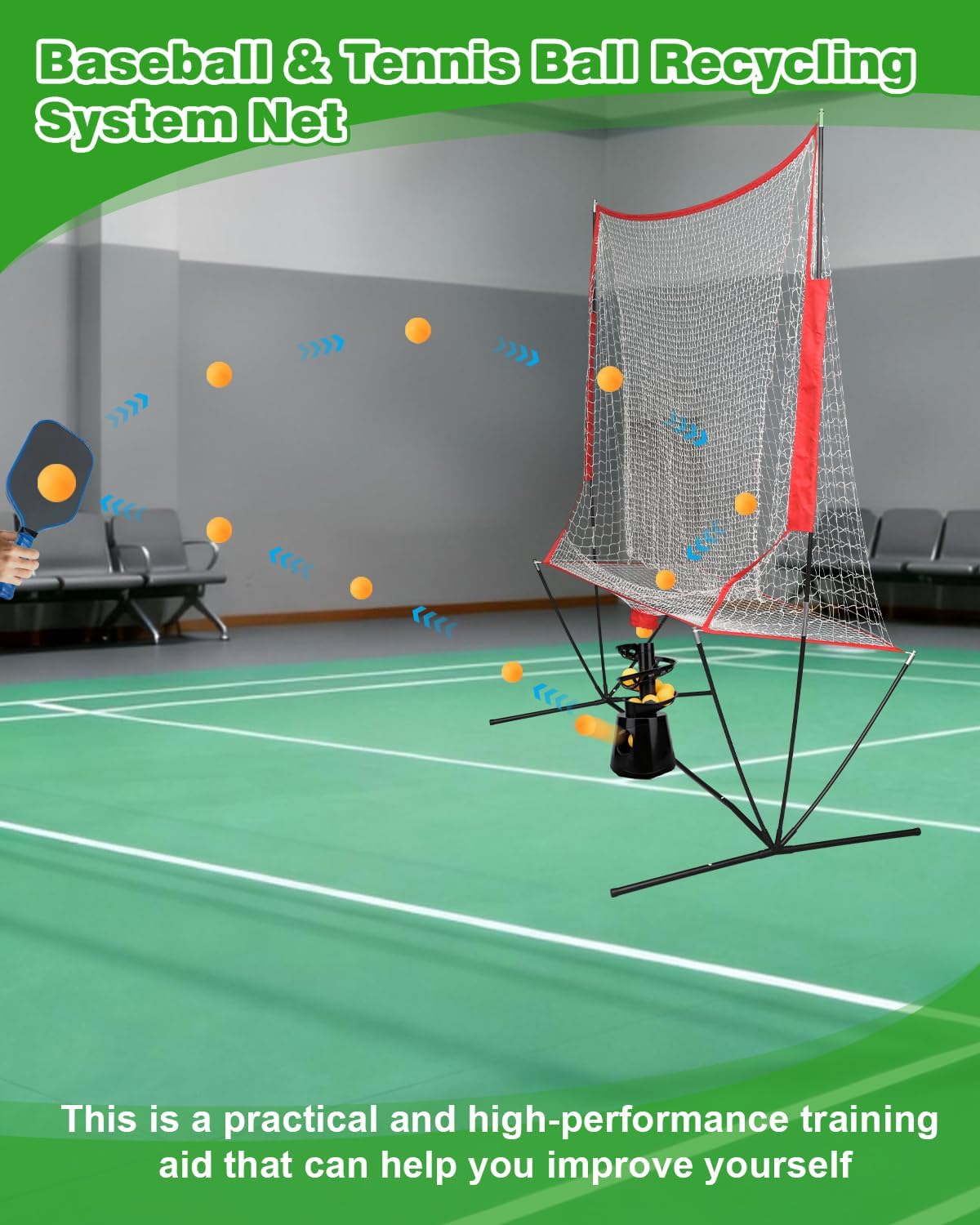 Portable Tennis & Baseball Ball Recovery System Net, 6 x 7ft Portable Polyester Mesh and Fiberglass Frame, Collapsible Pickleball Trainer for Indoor/Outdoor