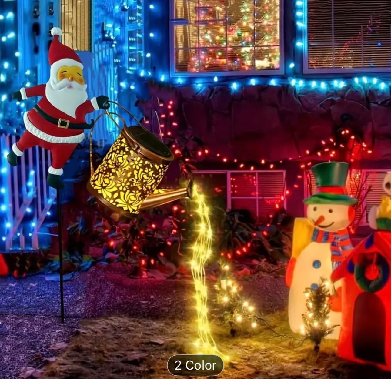 Waterproof Santa Claus Garden Stake Light, LED Christmas Decoration with Watering Can, Outdoor Holiday Yard Decor, 2 Color Lighting