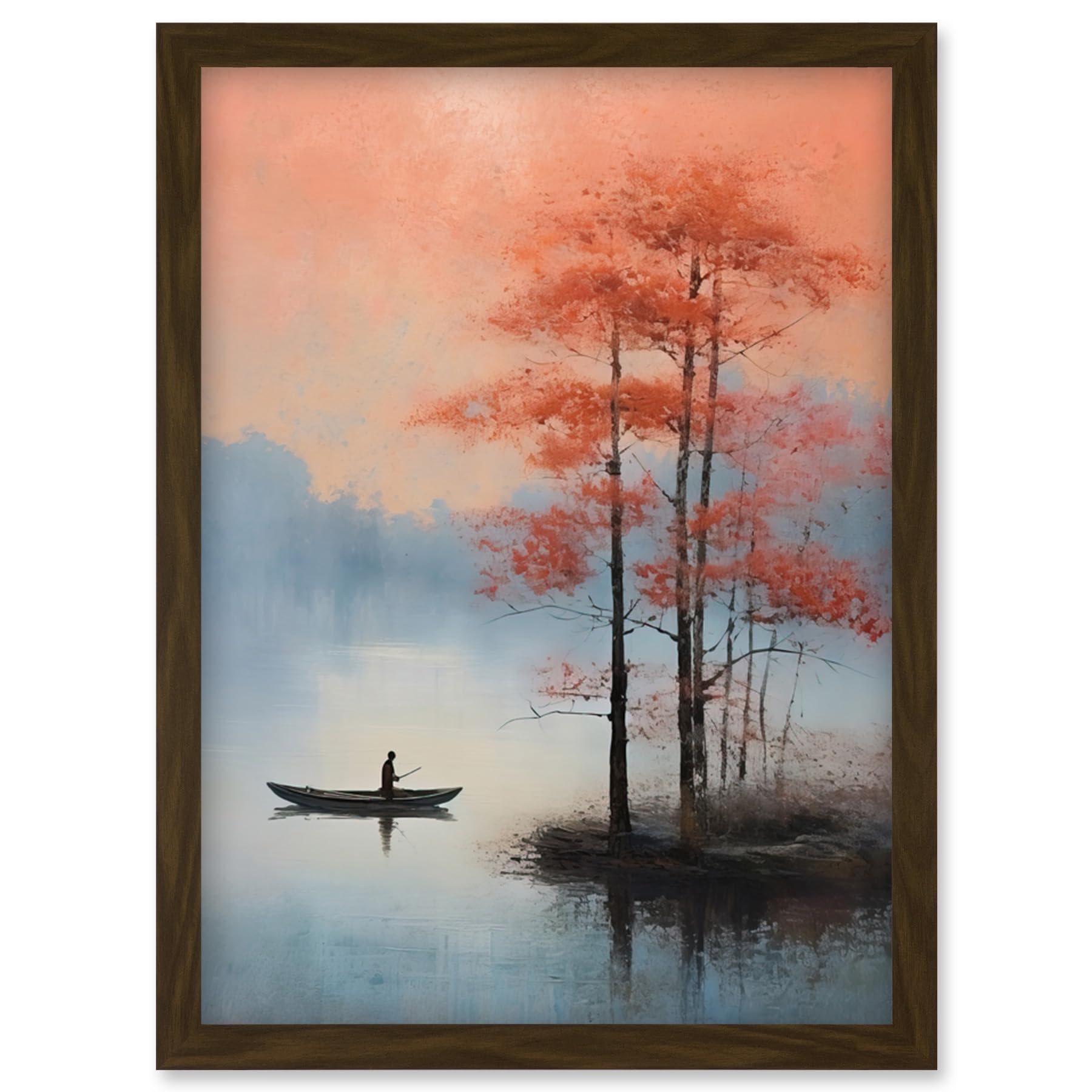 Canoe Boat on Misty Lake Painting Landscape Early Morning Framed Art Print A4