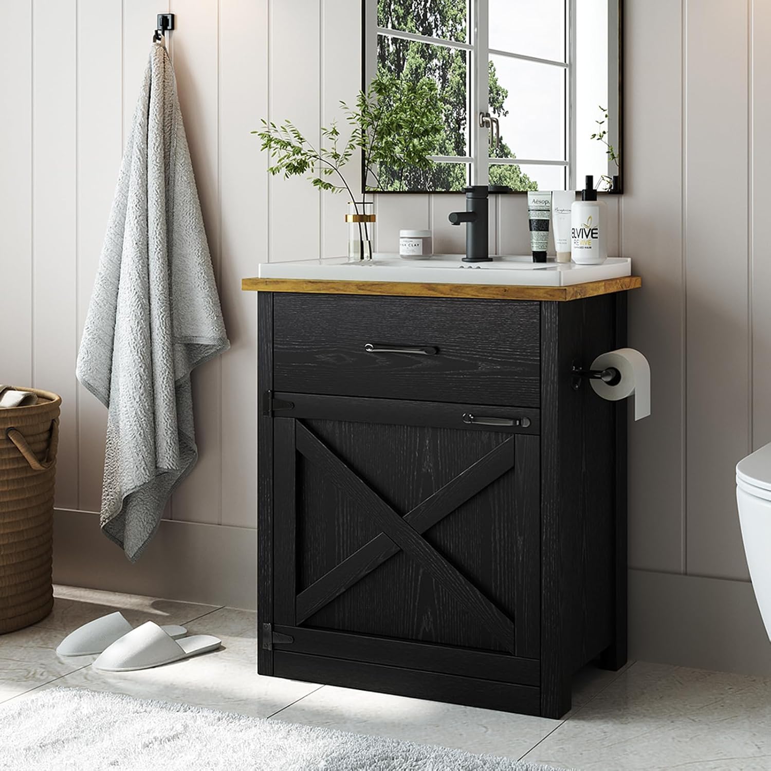 4ever2buy 24 Inch Bathroom Vanity with Sink, Farmhouse Bathroom Vanity Cabinet with Drawer & Barn Door, Towel Bar, Black