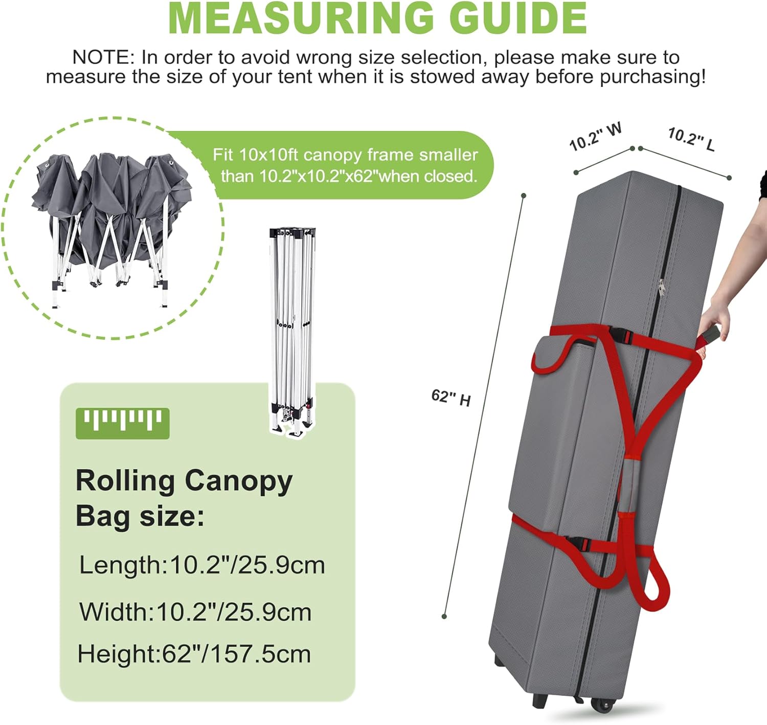 Cuddly Nest 10x 10x62in Wheeled Canopy Replacement Bag for Pop Up Canopy Tent - Rolling Carry Storage Bag with Sturdy Handles/Buckle Strap and Pocket