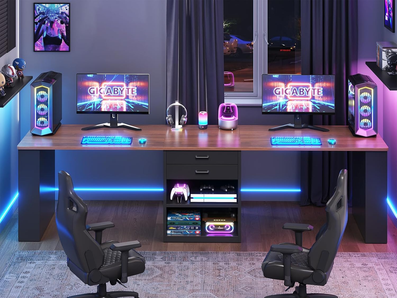SEDETA 90.5" 2 Person Computer Desk, Long Office Desk with Storage Drawers, Two Person Gaming Desk Writing Table with Storage for Home Office, Black