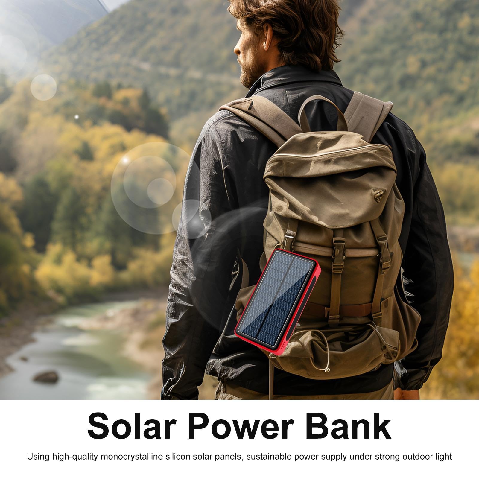 Power Bank ad Energia Solare Impermeabile 20000mAh Supporta 4 Dispositivi | Caricatore Telefonico Portatile Solare Supporta 4 Dispositivi Elettronici per Campeggio Viaggio Escursionismo Uomini Don