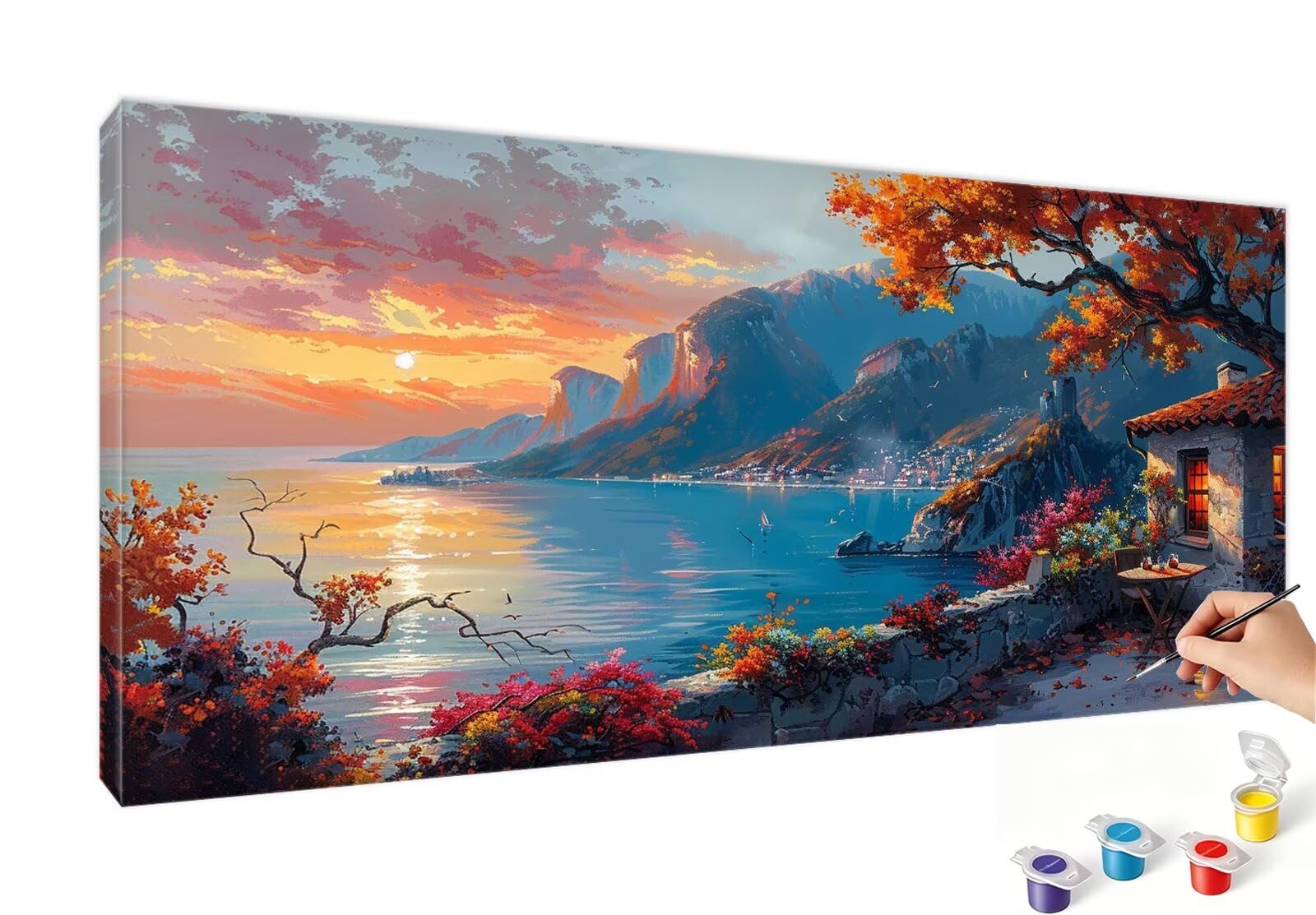 Malen Nach Zahlen XXL Haus Malen Nach Zahlen Erwachsene Landschaft 60x120 cm, Ohne Rahmen, DIY Paint by Numbers Set mit Acrylfarben und Pinseln, Knitterfreie Leinwand, Geburtstagsdeko, Geschenk RB-262