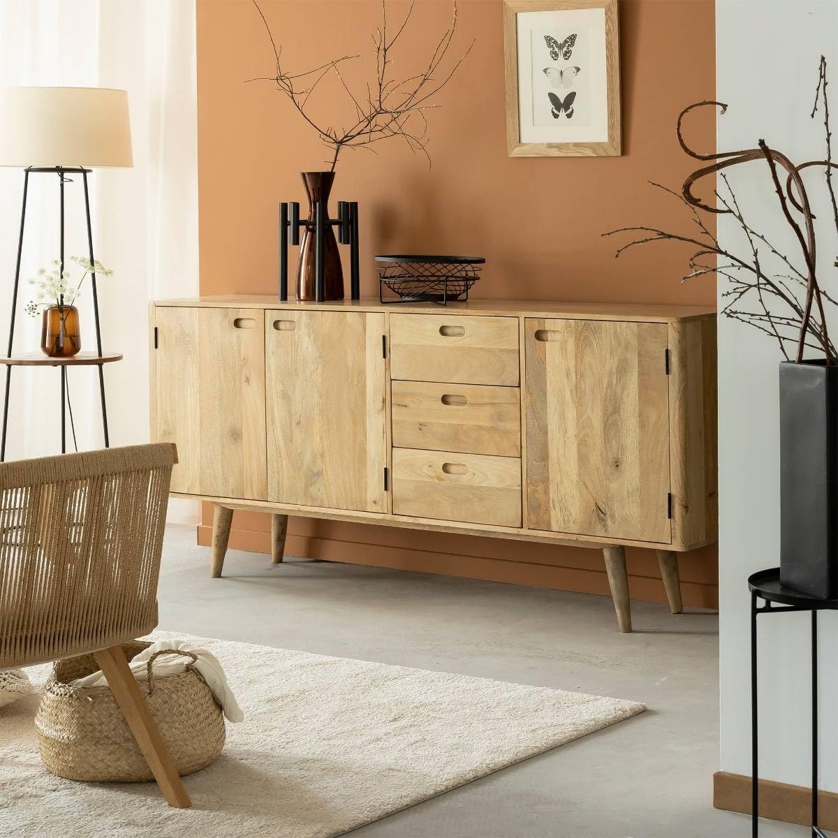 MANGO TRUNK WOODNE 03 Door and 03 Drawer Sideboard | Storage Unit | Natural Finish | CNC Handel | Legs Brass Cap | 180X40X85 CMS-image-49