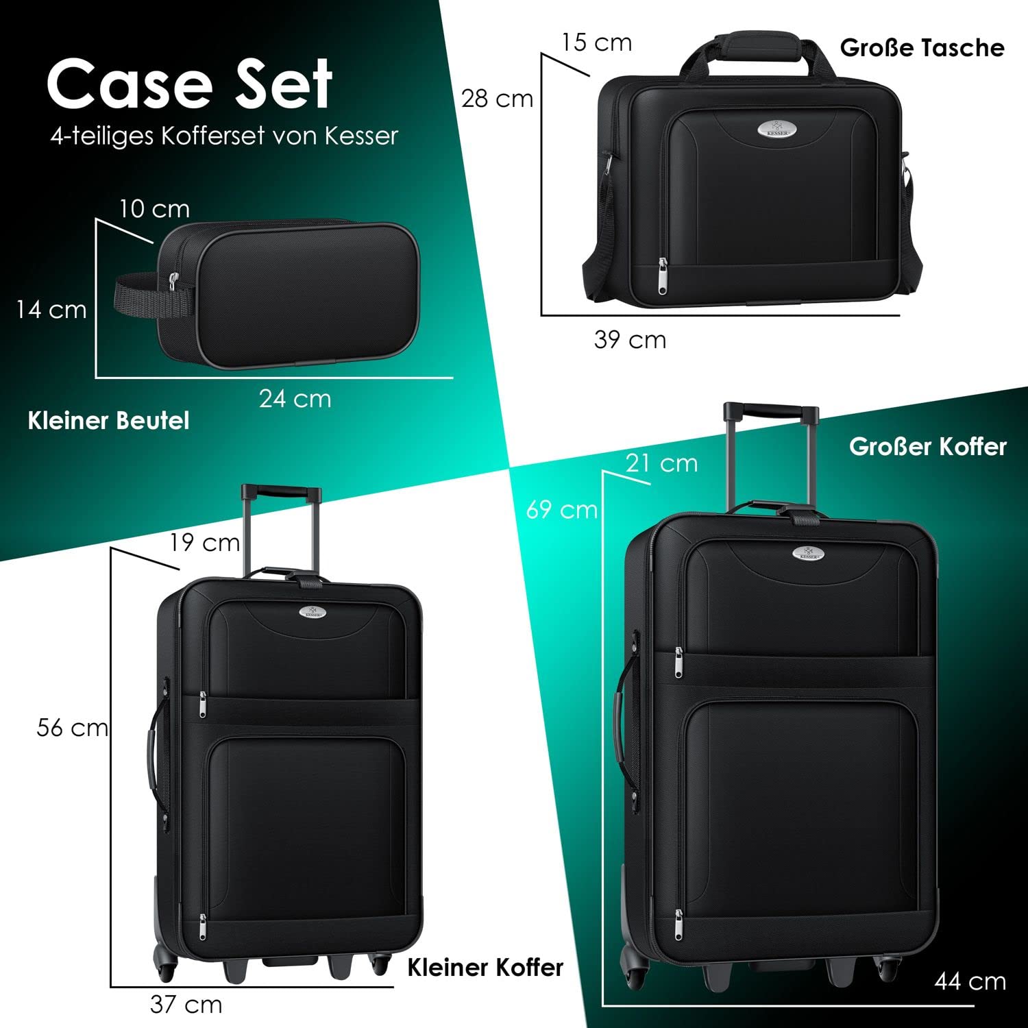 KESSER® Set di trolley 4pz | set di valigie da viaggio con rotelle | set completo di 4 valigie business | S M L XL | scomparto a rete | rotelle | manico telescopico | valigie borse