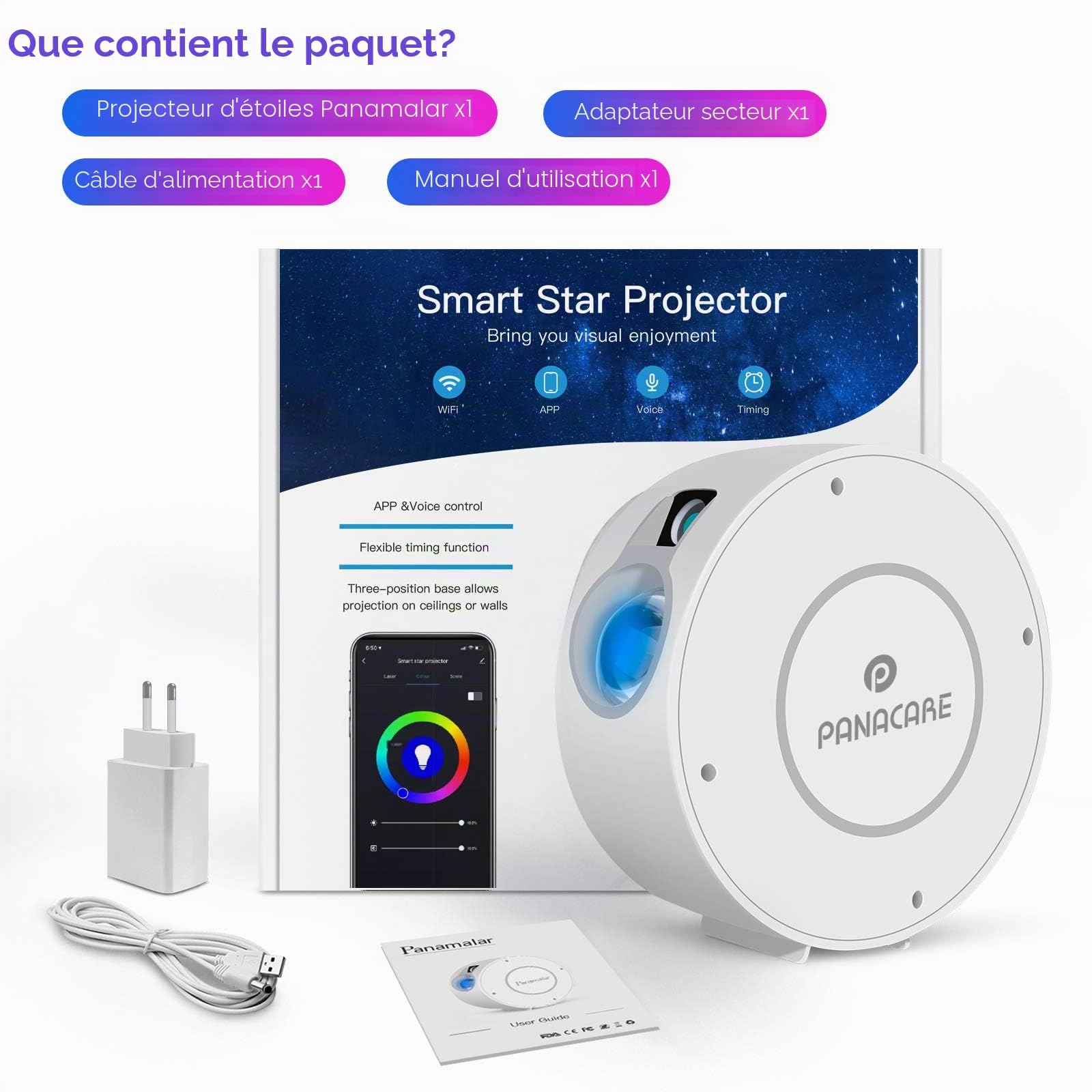 Panacare LED Projecteur Ciel Etoile, WiFi Projecteur Galaxie Etoile Veilleuse Enfant Bébé Avec Minuterie/Alexa et Google Home, Cadeaux Projecteur Galaxie Plafond Pour Enfants, Adultes, Fêtes