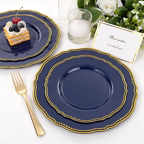 Miniatura 70 de Hioasis 60 platos de plástico dorados, vajilla desechable blanca y dorada con borde dorado, resistente, 10.25 pulgadas, platos llanos para fiestas